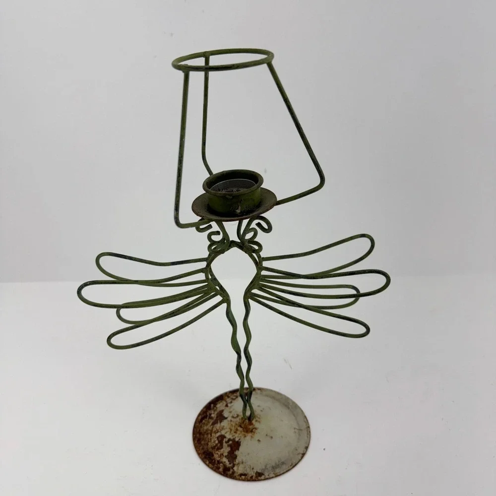 Vintage‎ Green Metal Wire Dragonfly Candle Holder Rustic Garden Decor 14.5 Inch